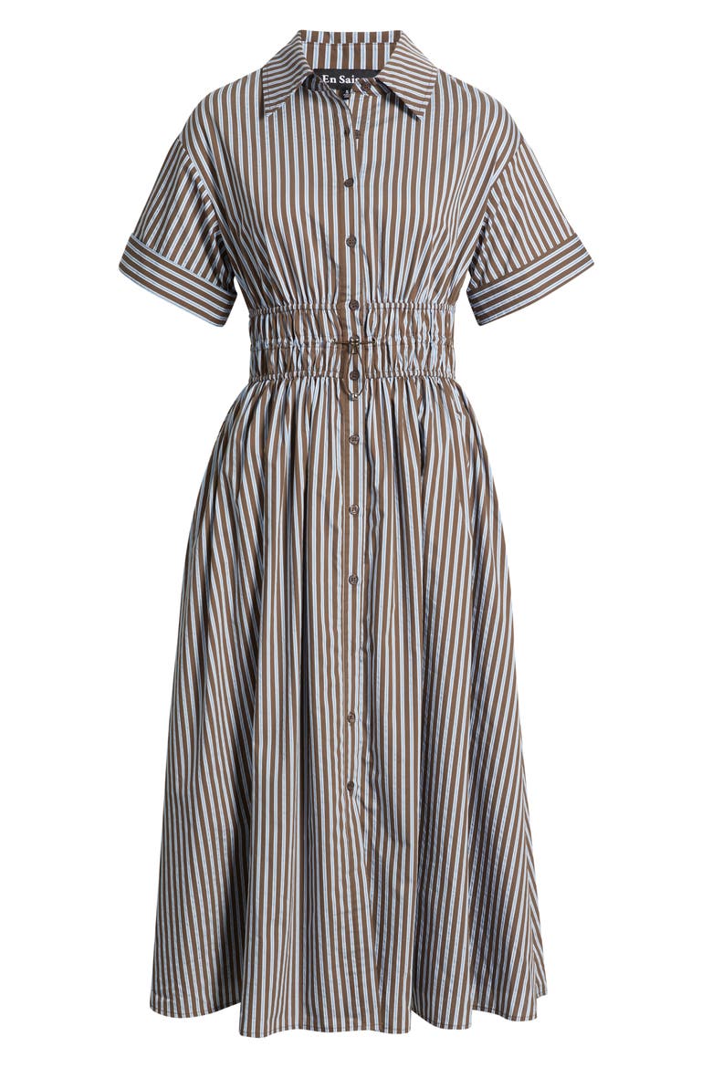 Stripe Short Sleeve Cotton Blend Midi Shirtdress