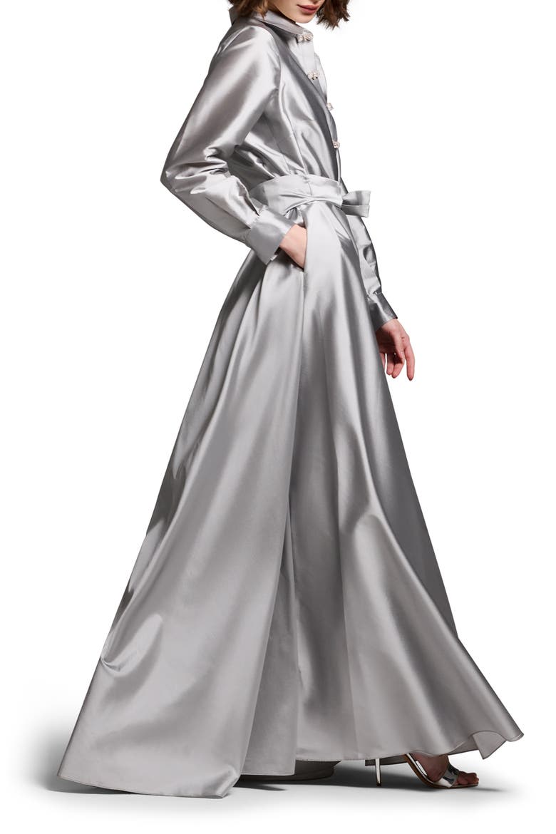 Crystal Bow Button Long Sleeve Taffeta A-Line Gown