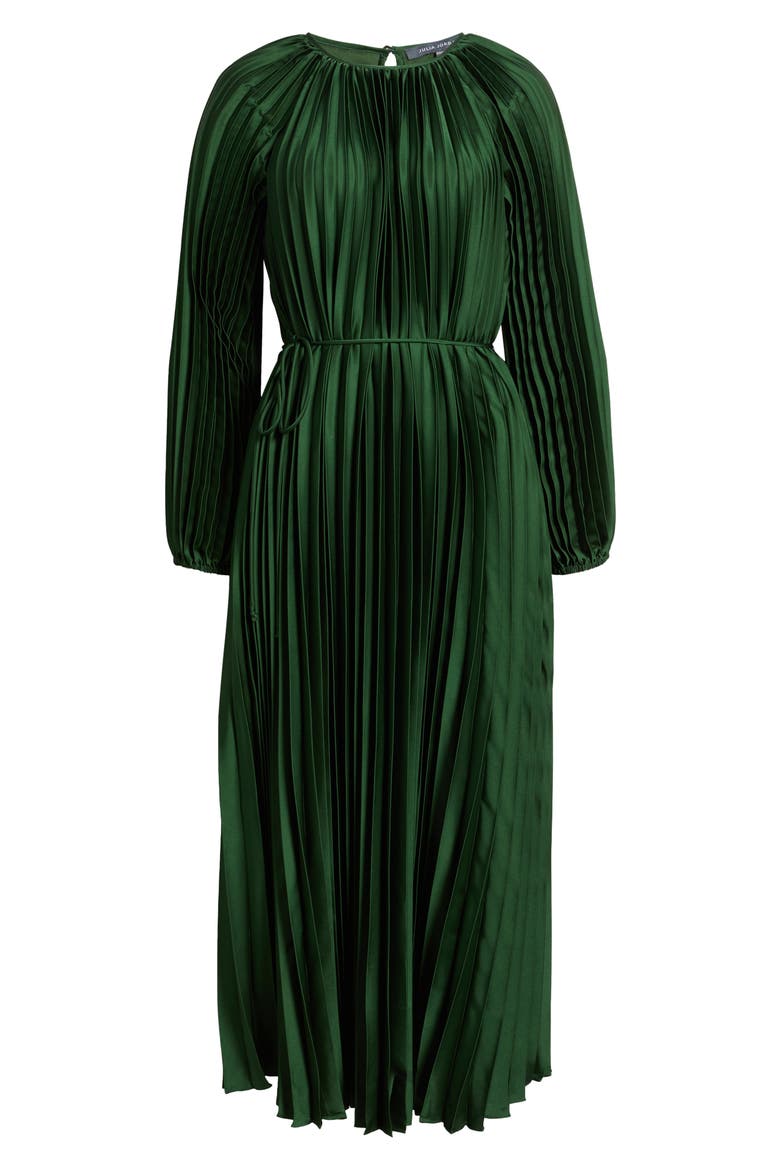 Pleated Long Sleeve Satin Midi Dress