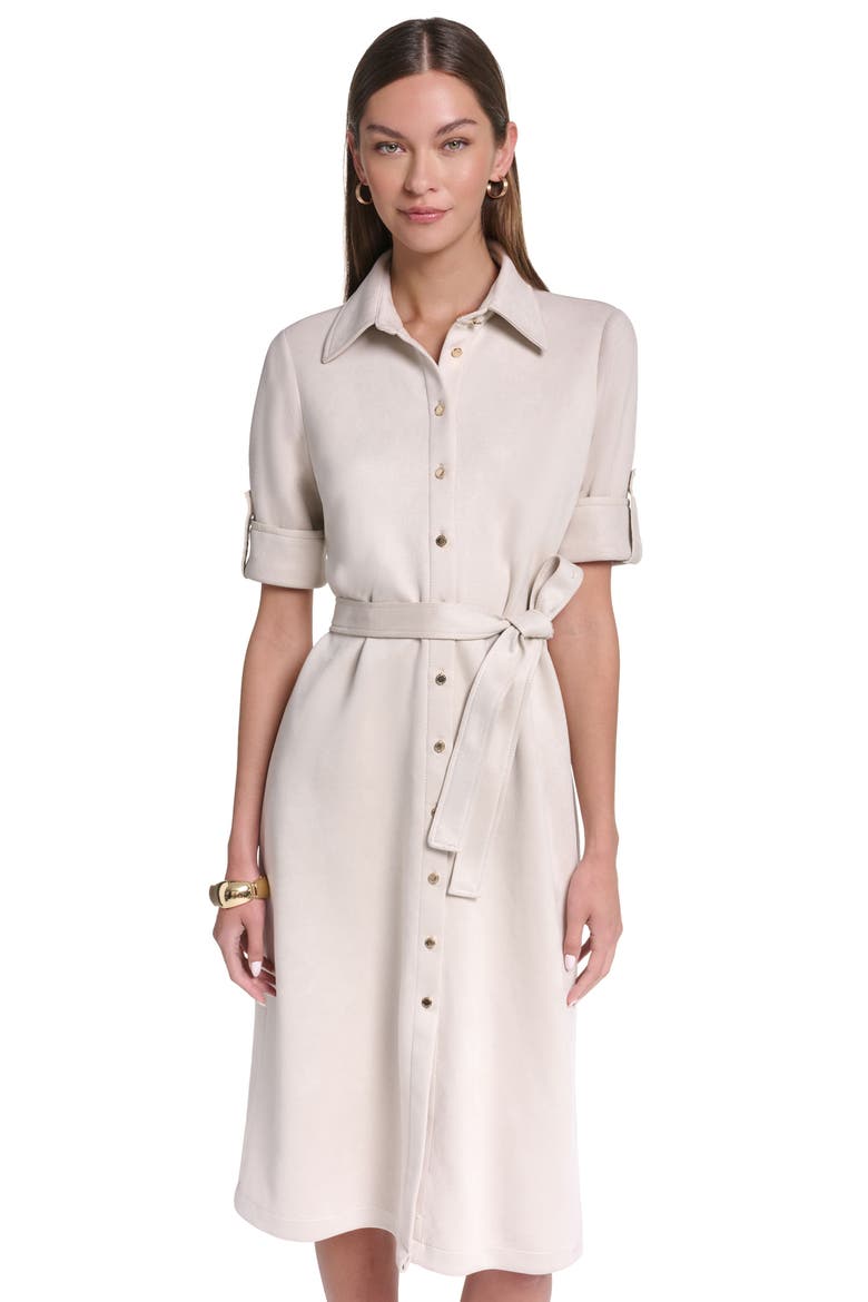 Short Sleeve Suede Midi Shirt Dress