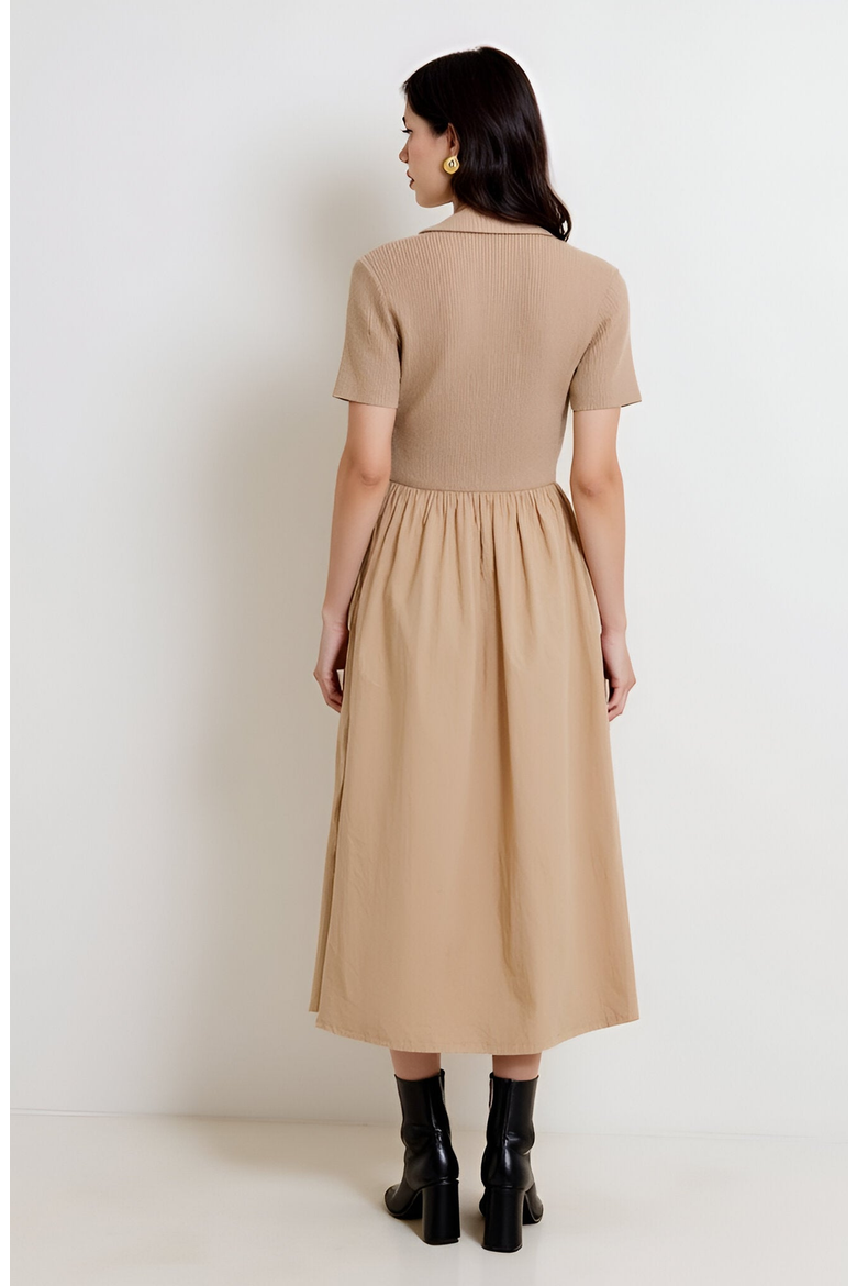 Polo Collar Short-Sleeve Gathered A-Line Midi Sweater Dress