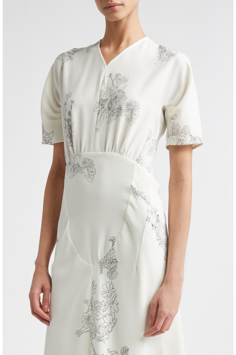 Gathered Detail Floral Stretch Cady Midi Dress
