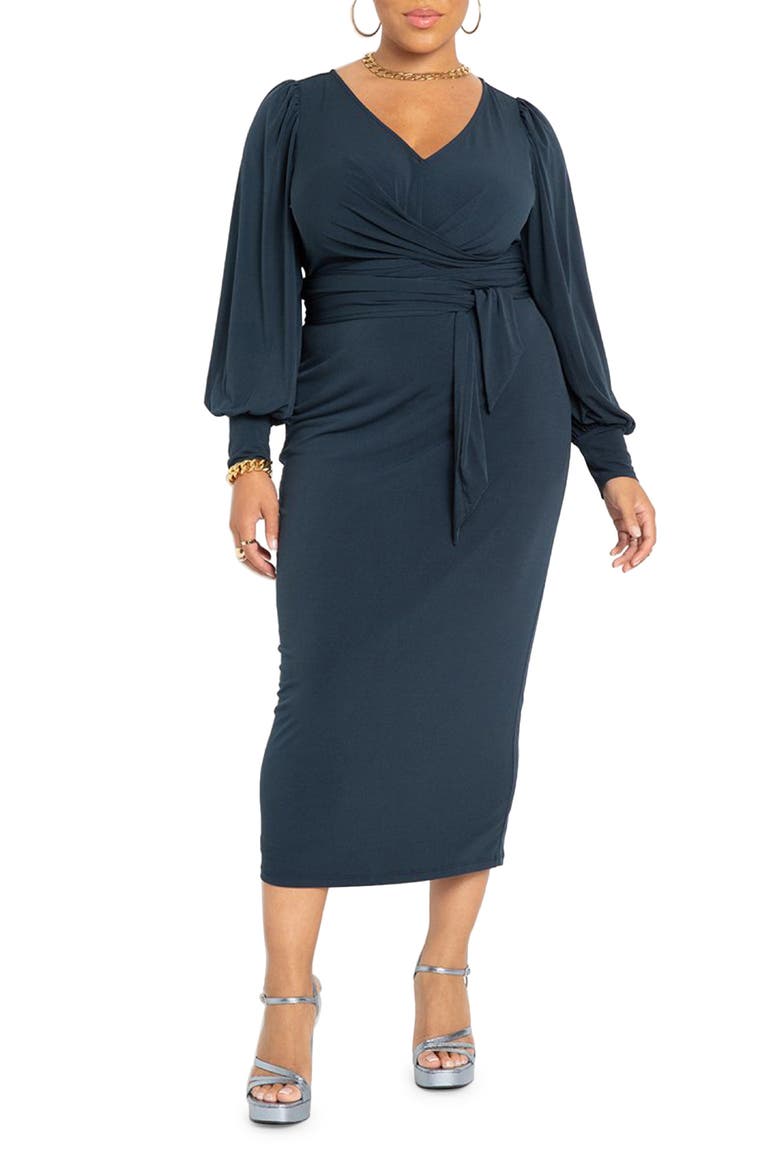 Cross Front Belted Knit Midi Dress