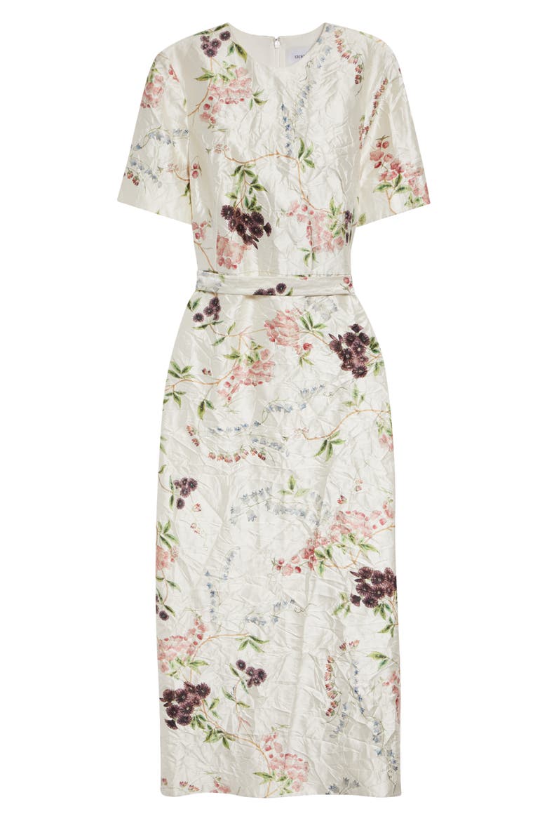 Floral Print Textured Satin Midi Pencil Dress