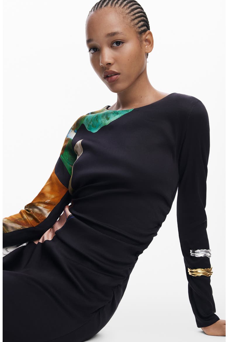 Mix Print Long Sleeve Midi Dress