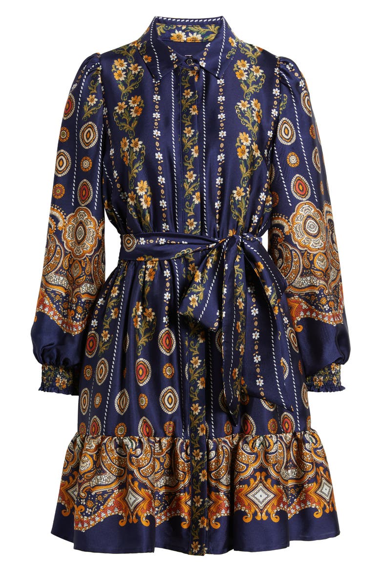 Medallion Print Long Sleeve Tie Waist Shirtdress