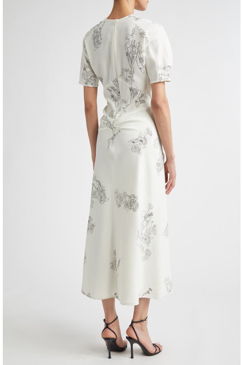 Gathered Detail Floral Stretch Cady Midi Dress