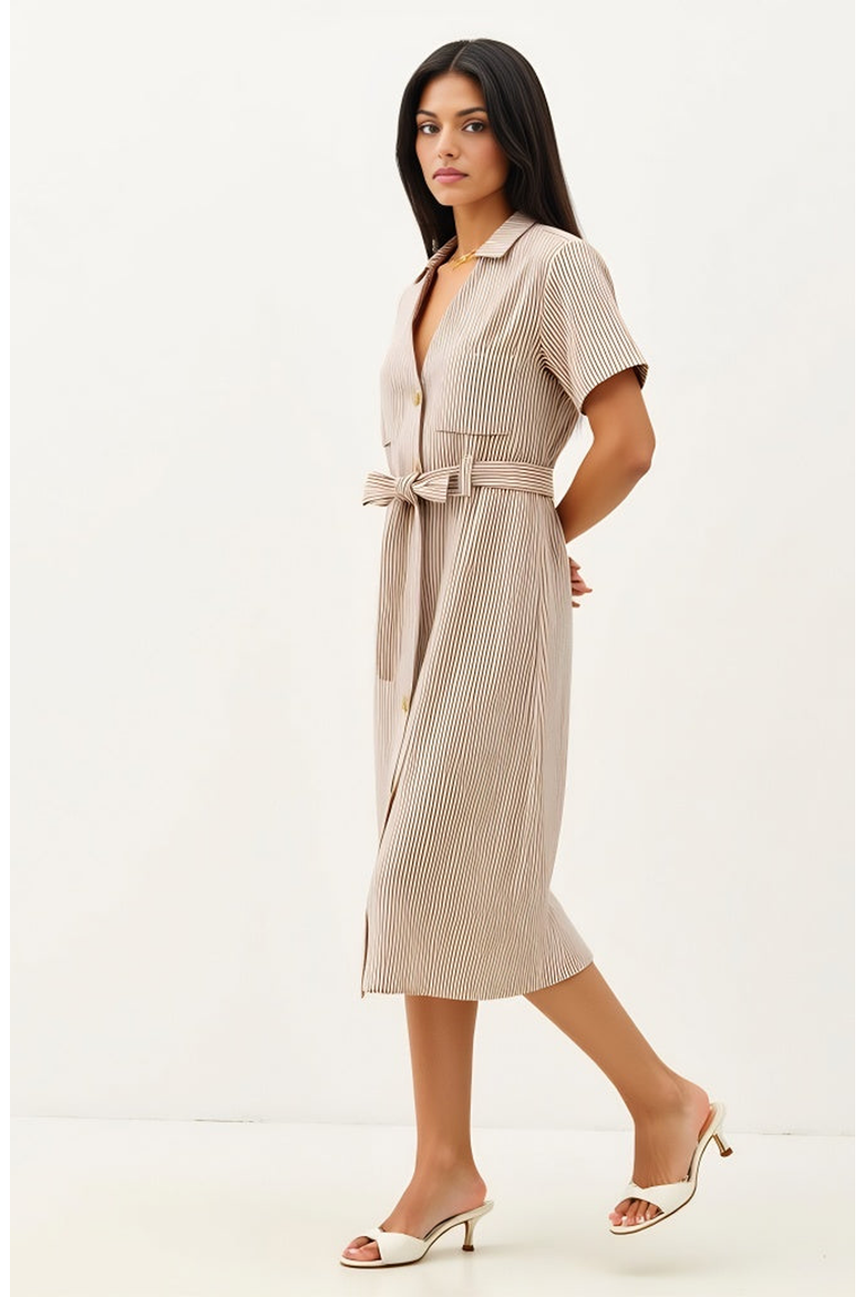 Striped Button-Down Midi Dress with Waist Tie and Collared Neckline
