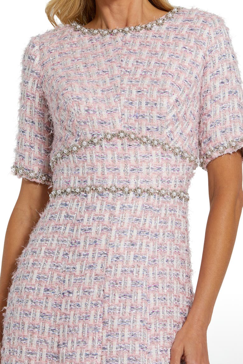 Women's Short Sleeve Beaded Trim Boucle Midi Dress