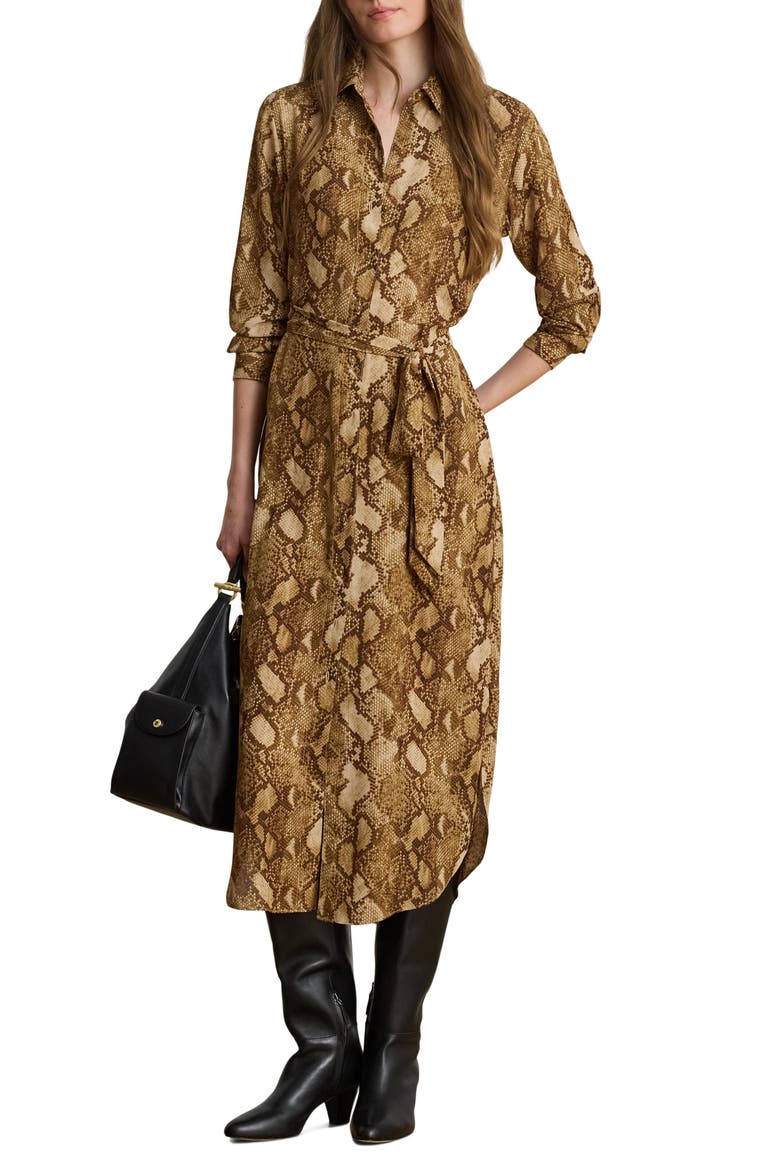 Snake Print Belted Georgette Midi Shirtdress
