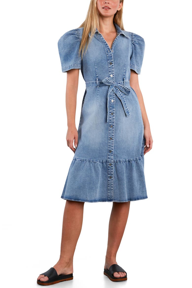 Muse Belted Puff Sleeve Denim Midi Shirtdress