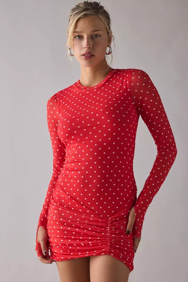 AFRM Mirza Risky Micro Dot Long Sleeve Ruched Mesh Mini Dress - Image 1