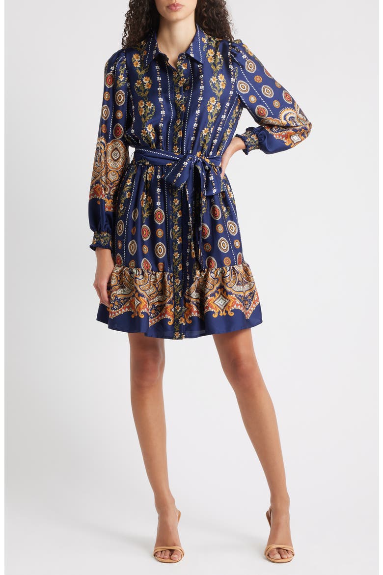 Medallion Print Long Sleeve Tie Waist Shirtdress