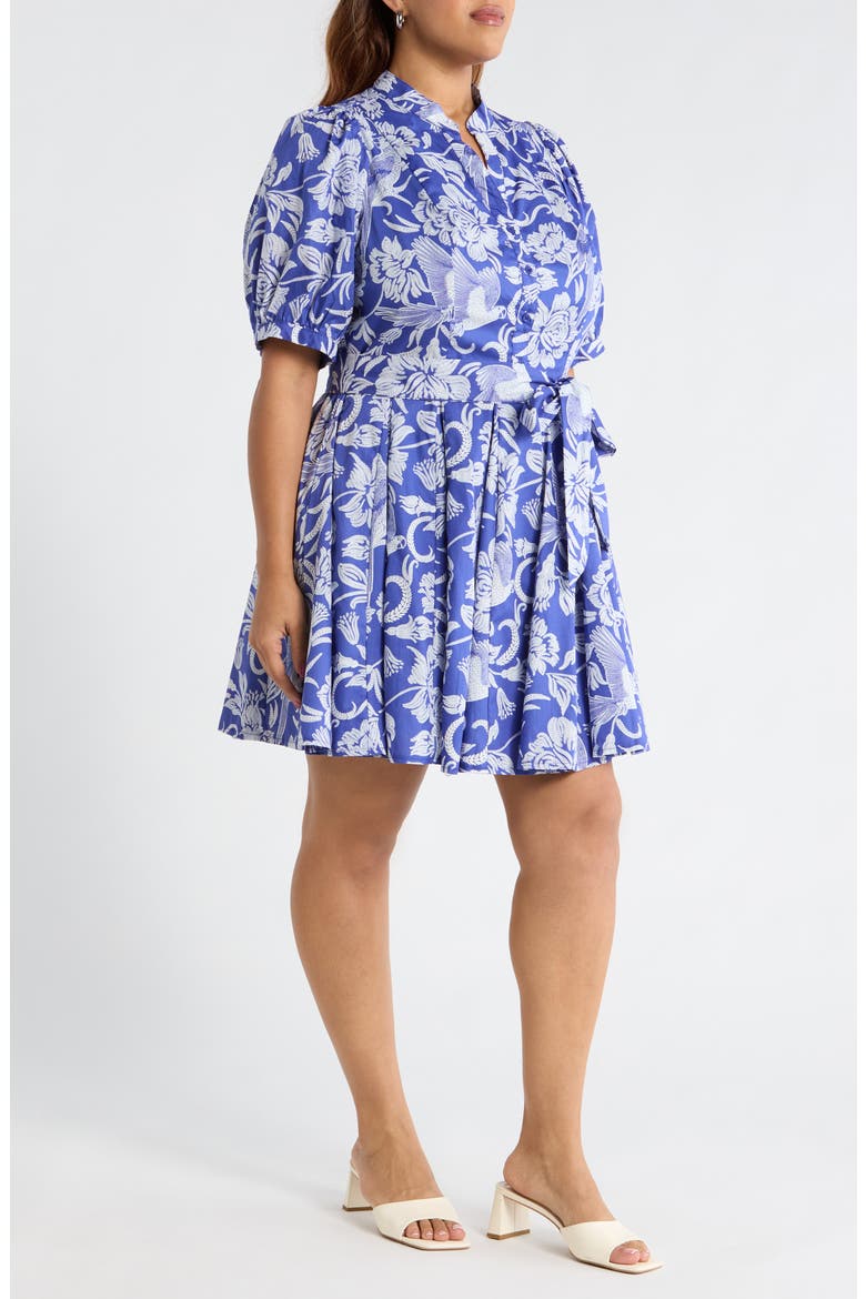 Floral Puff Sleeve Pleated Cotton Shirtdress
