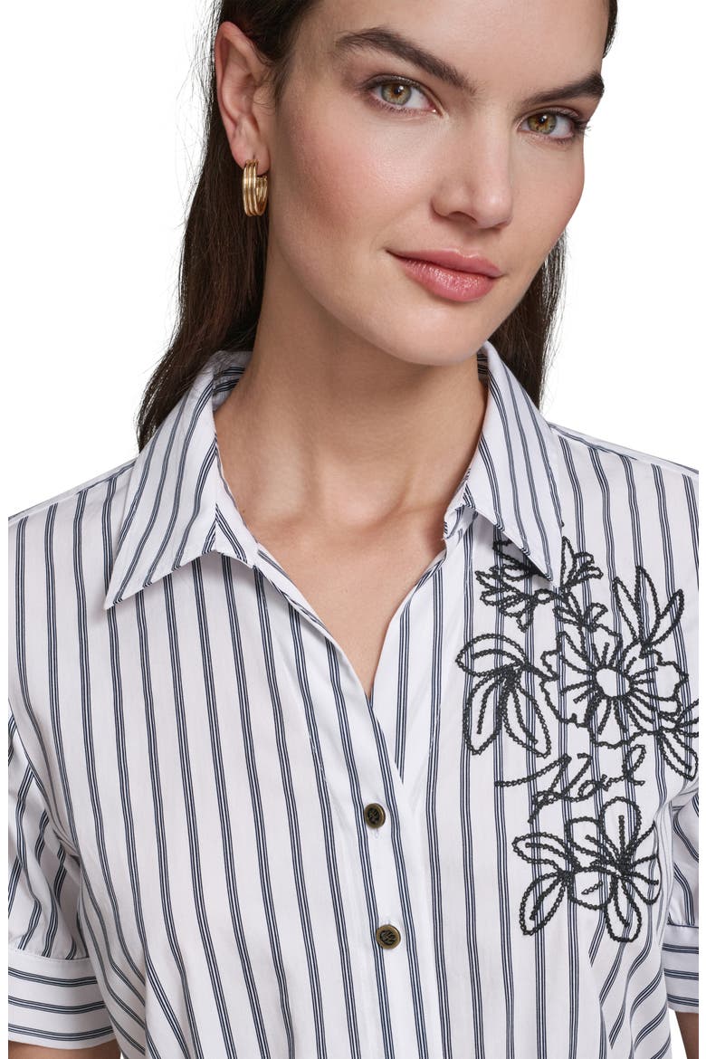 Floral Embroidery Detail Stripe Cotton Shirtdress