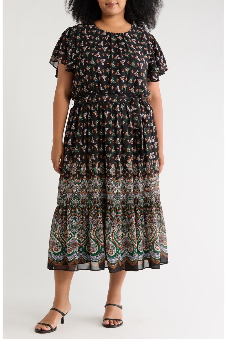 Floral & Paisley Mixe Print Flutter Sleeve Dress