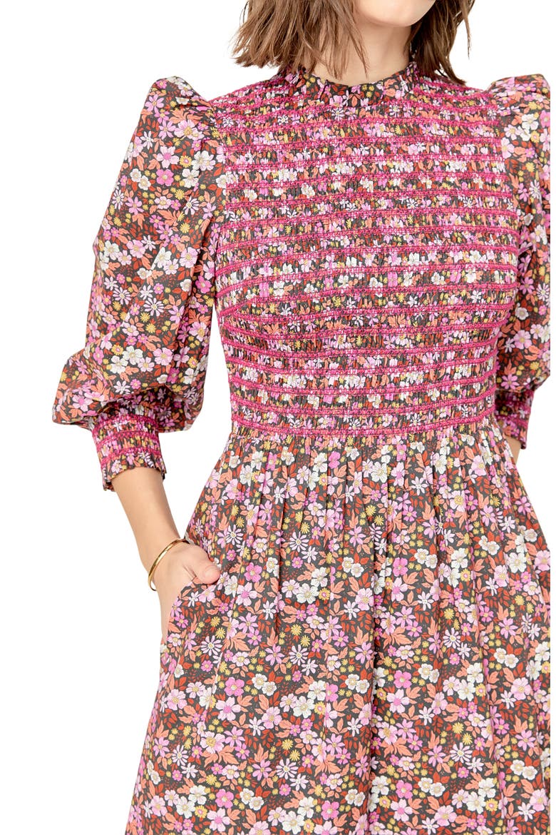 Floral Smock Bodice Midi Dress