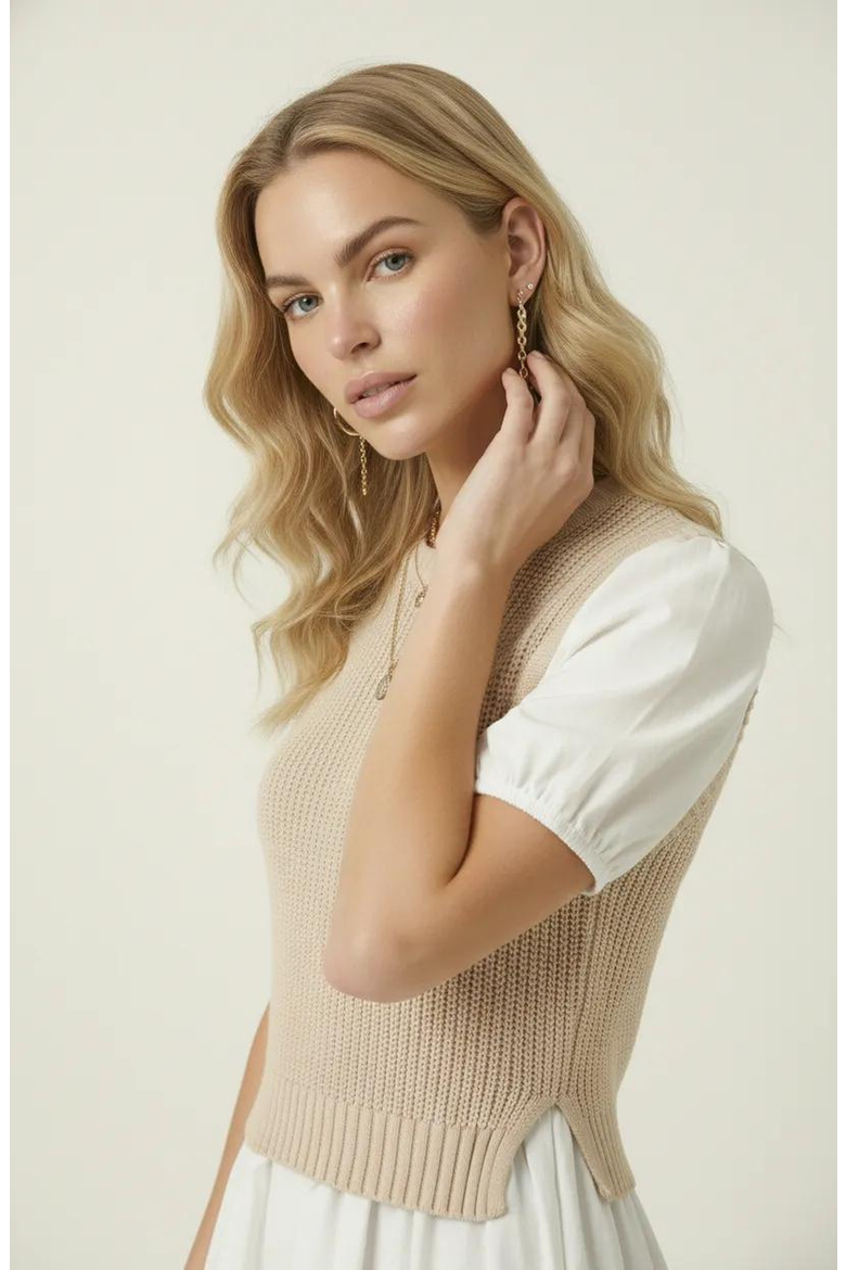 Ribbed Sleeveless Sweater Dress with Puff Sleeves