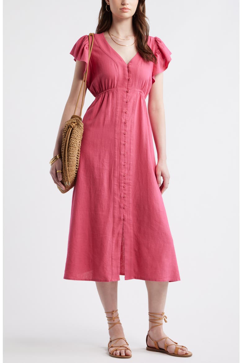 Short Sleeve Button Down Linen Blend Midi Dress