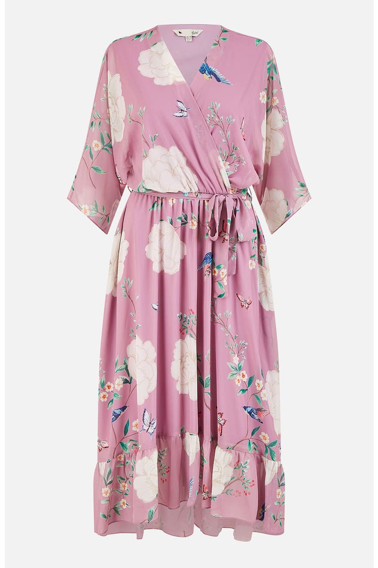 Bird And Floral Print Midi Wrap Dress