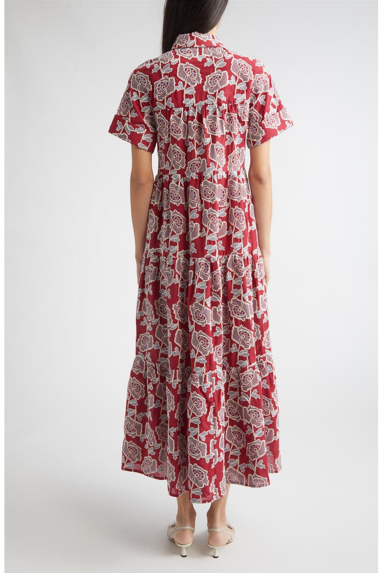 Floral Embroidered Tiered Cotton Blend Midi Shirtdress
