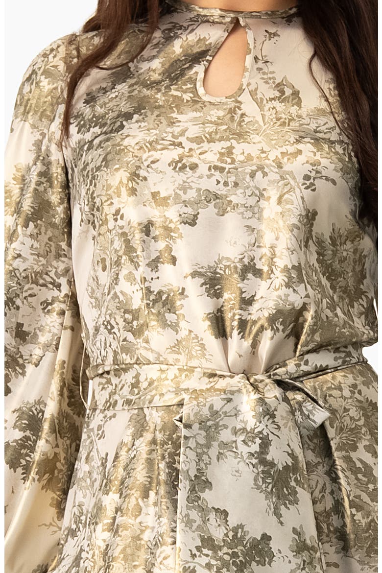 Botanical Print Satin, Long Sleeve Belted Keyhole Midi Dress