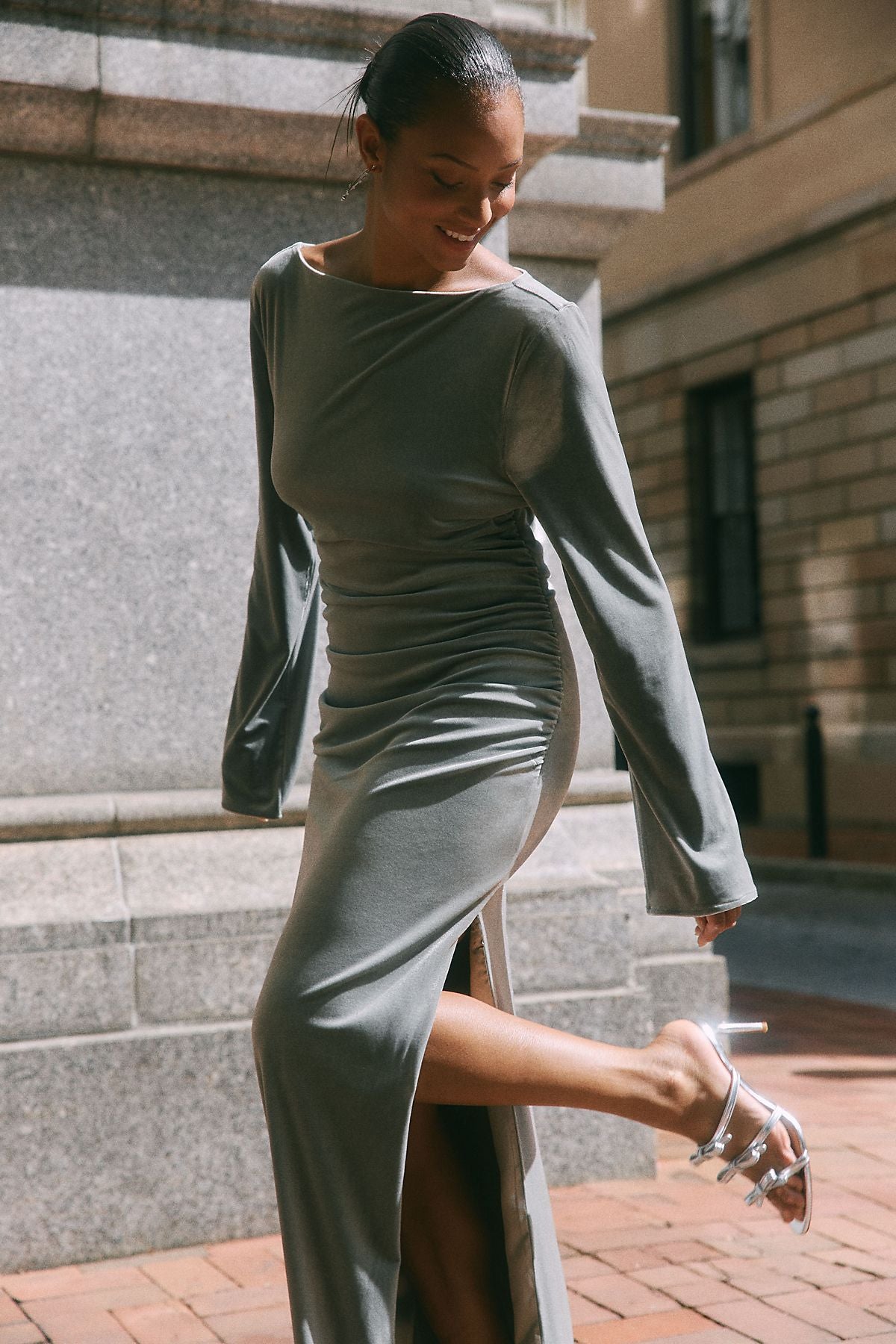 BHLDN Eloise Boat Neck Stretch Velvet Maxi Dress