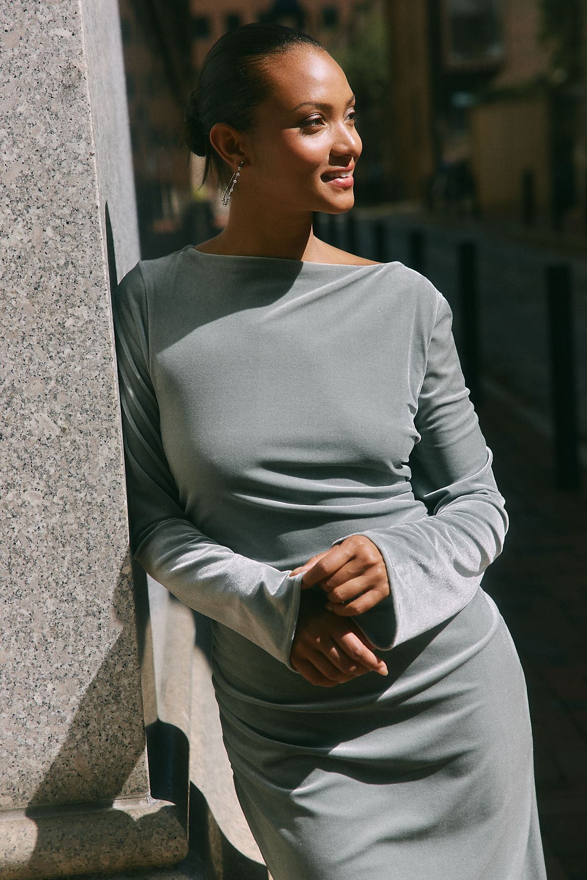 BHLDN Eloise Boat Neck Stretch Velvet Maxi Dress