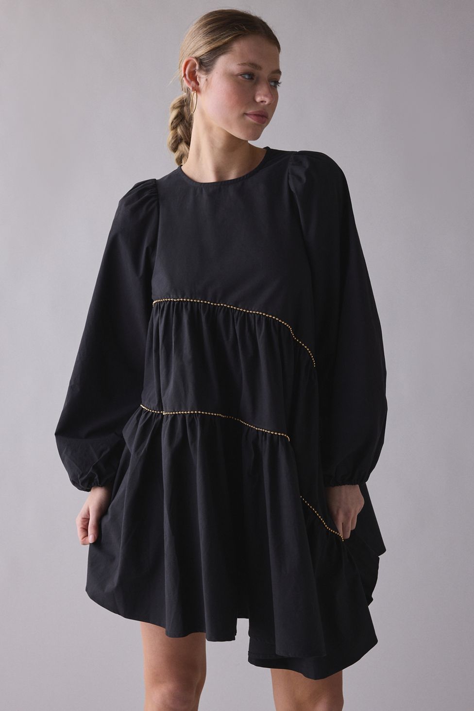 Ghospell Angela Beaded Trim Long Sleeve Mini Dress