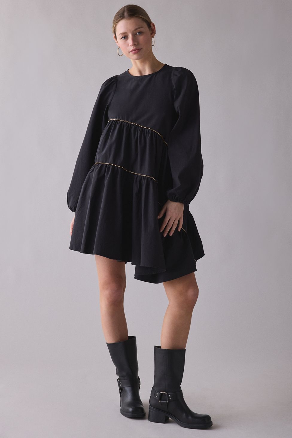 Ghospell Angela Beaded Trim Long Sleeve Mini Dress