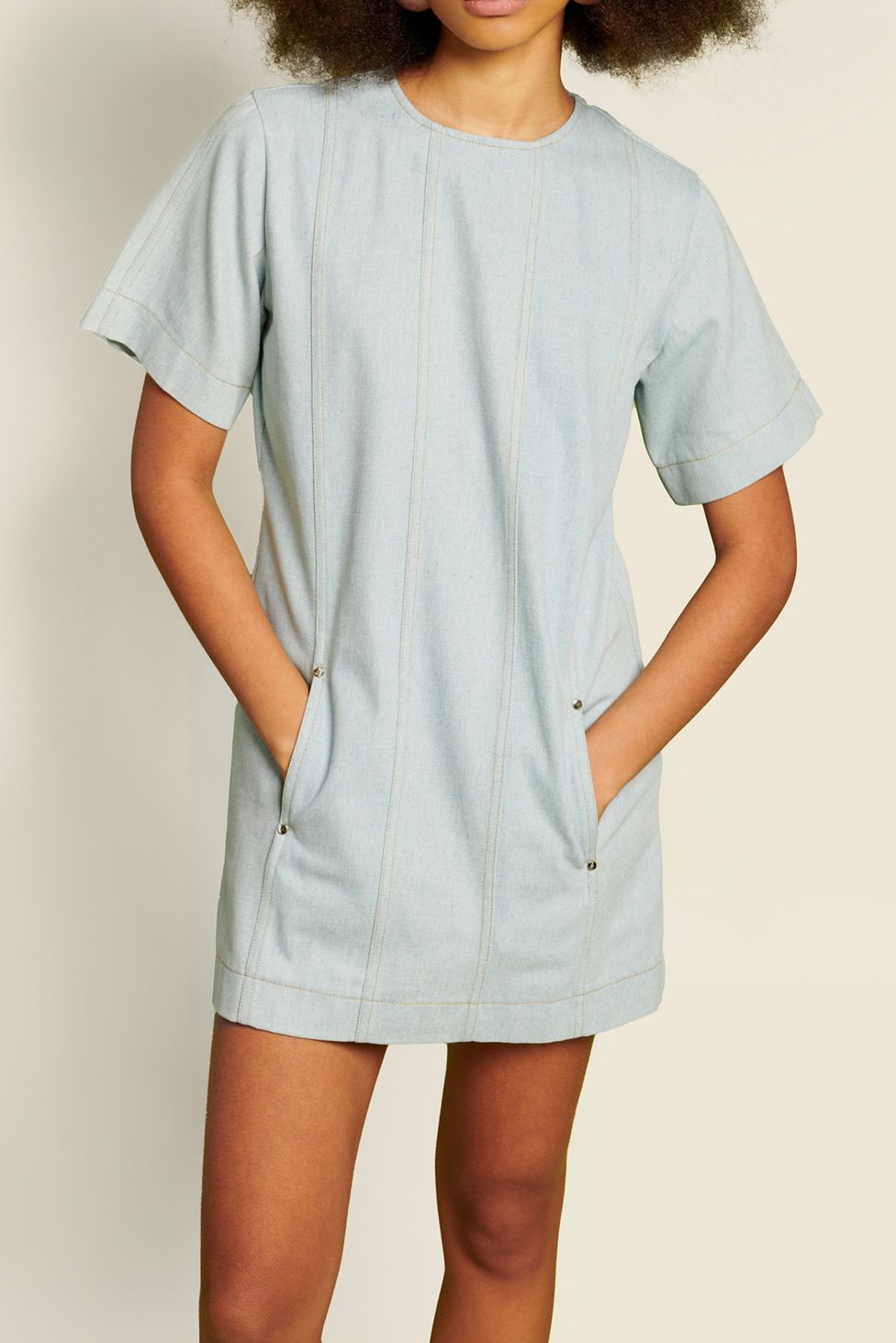 Ghospell Deia Short Sleeve Seamed Denim Mini Dress