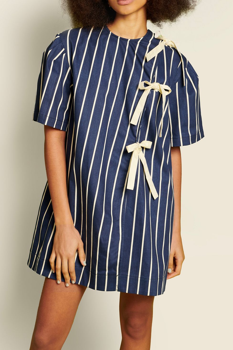 Ghospell Aya Stripe Asymmetric Tie Short Sleeve Mini Dress