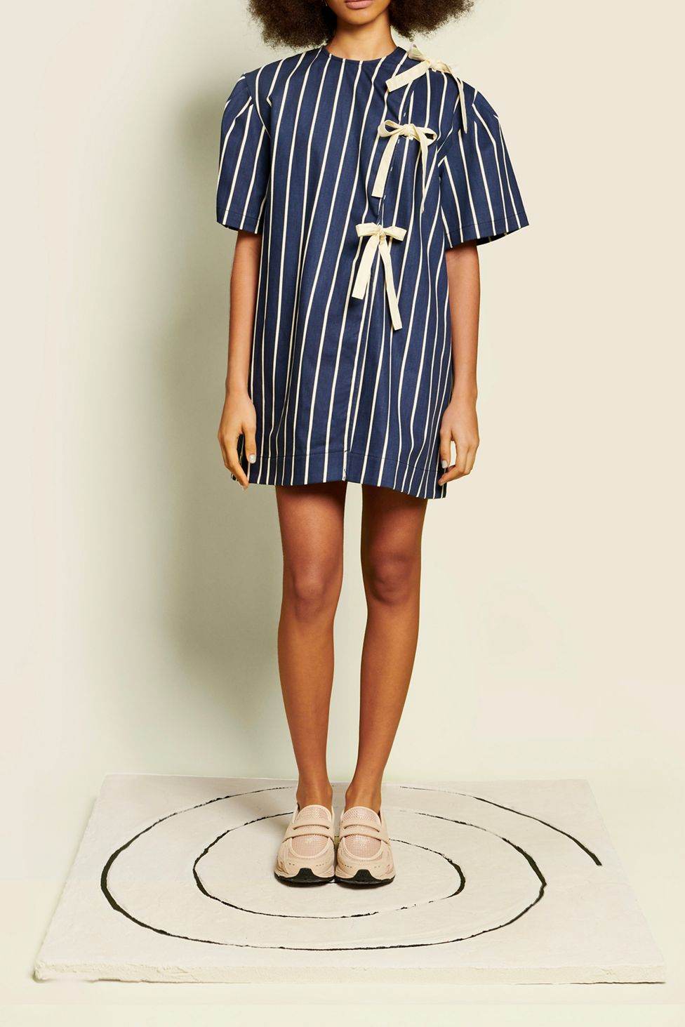 Ghospell Aya Stripe Asymmetric Tie Short Sleeve Mini Dress