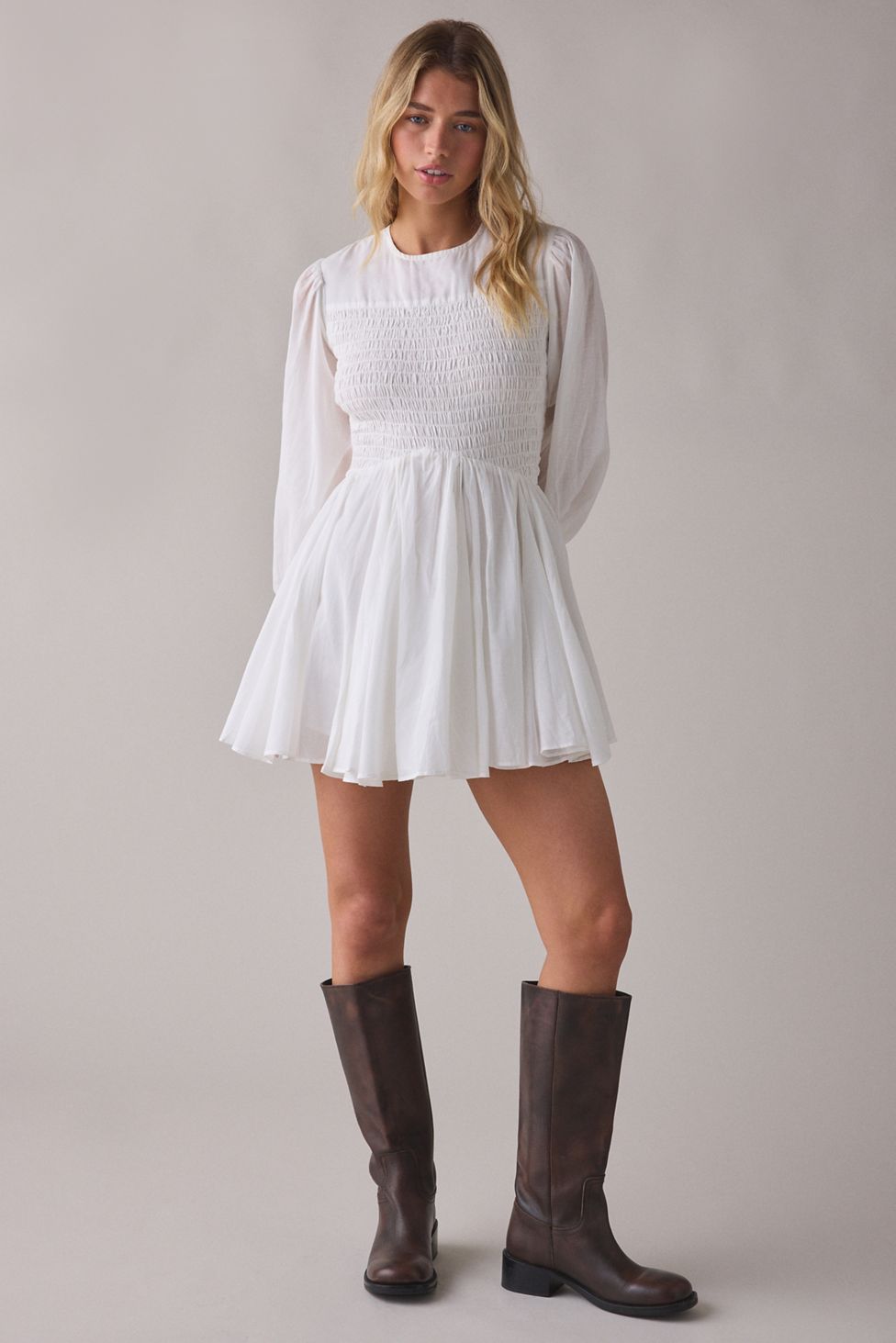 AllSaints Chia Smocked Long Sleeve Mini Dress