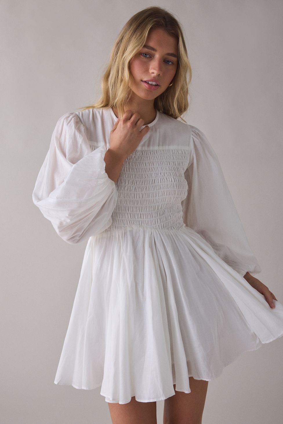 AllSaints Chia Smocked Long Sleeve Mini Dress
