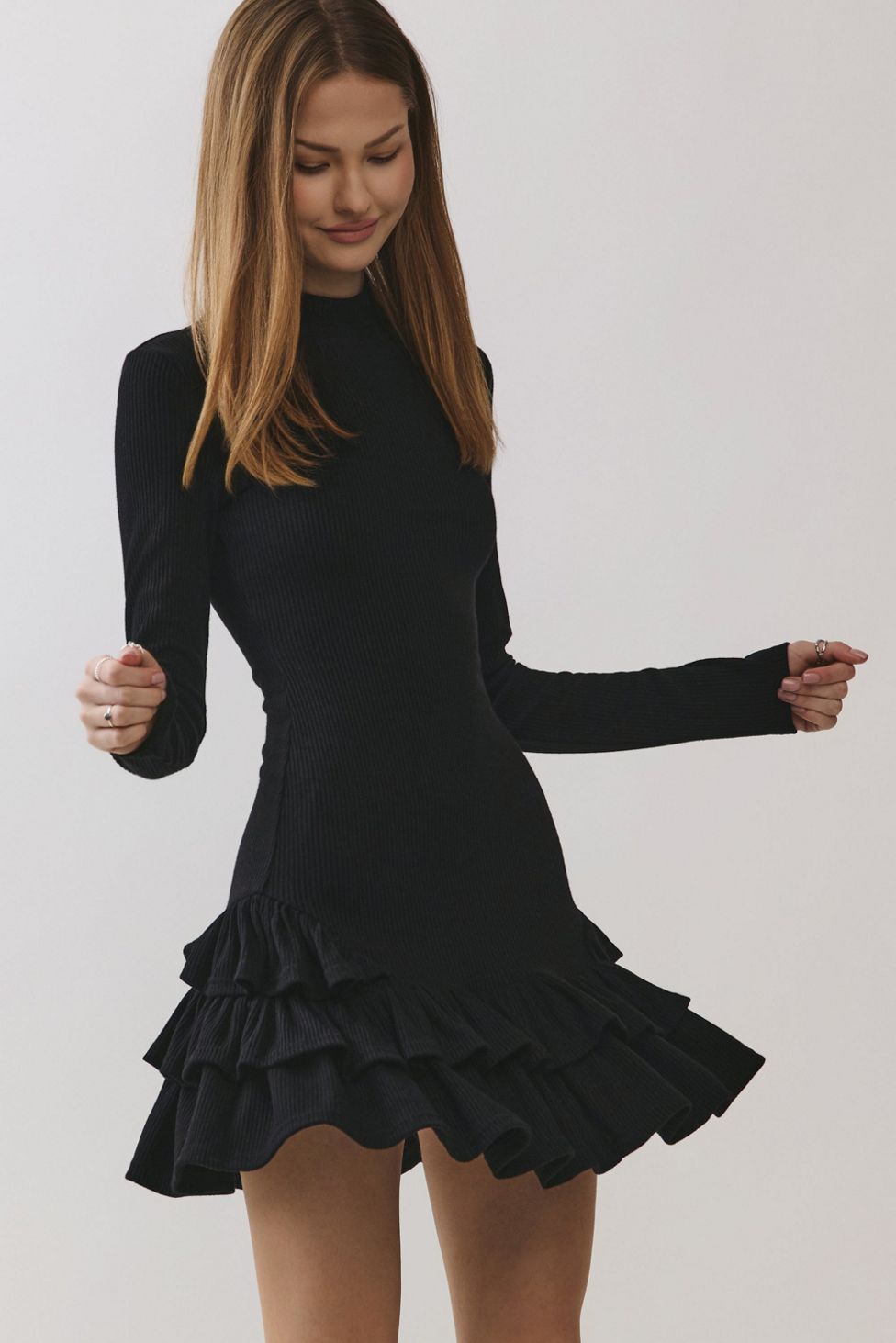 Personal Code Daniella Ribbed Mock Neck Ruffle Mini Dress