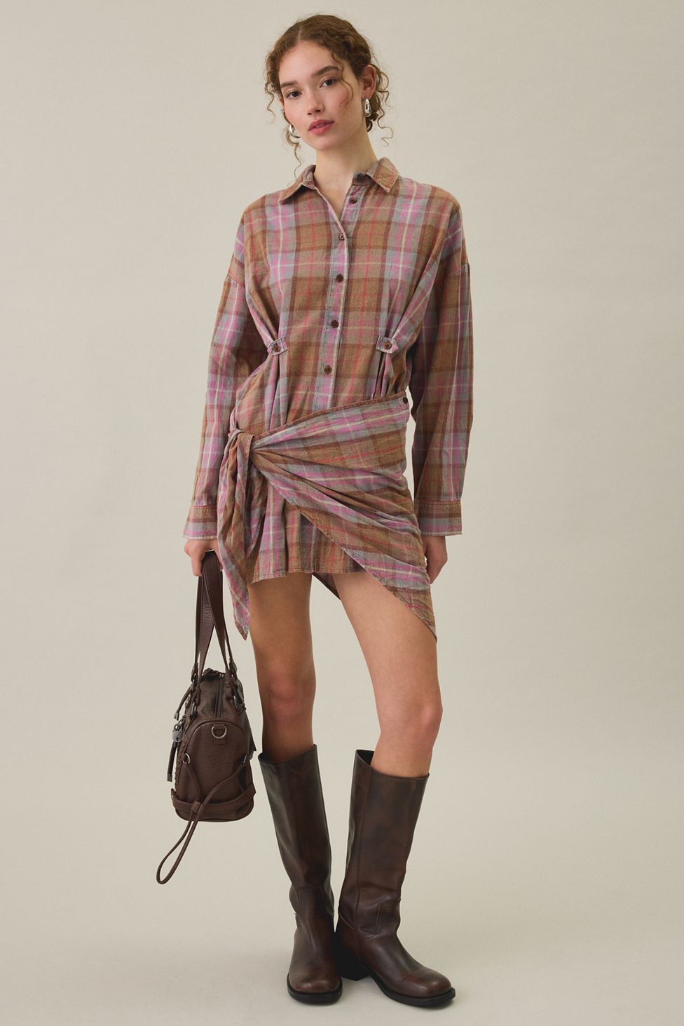 BDG Cordelia Multiway Scarf Tie Plaid Shirt Mini Dress