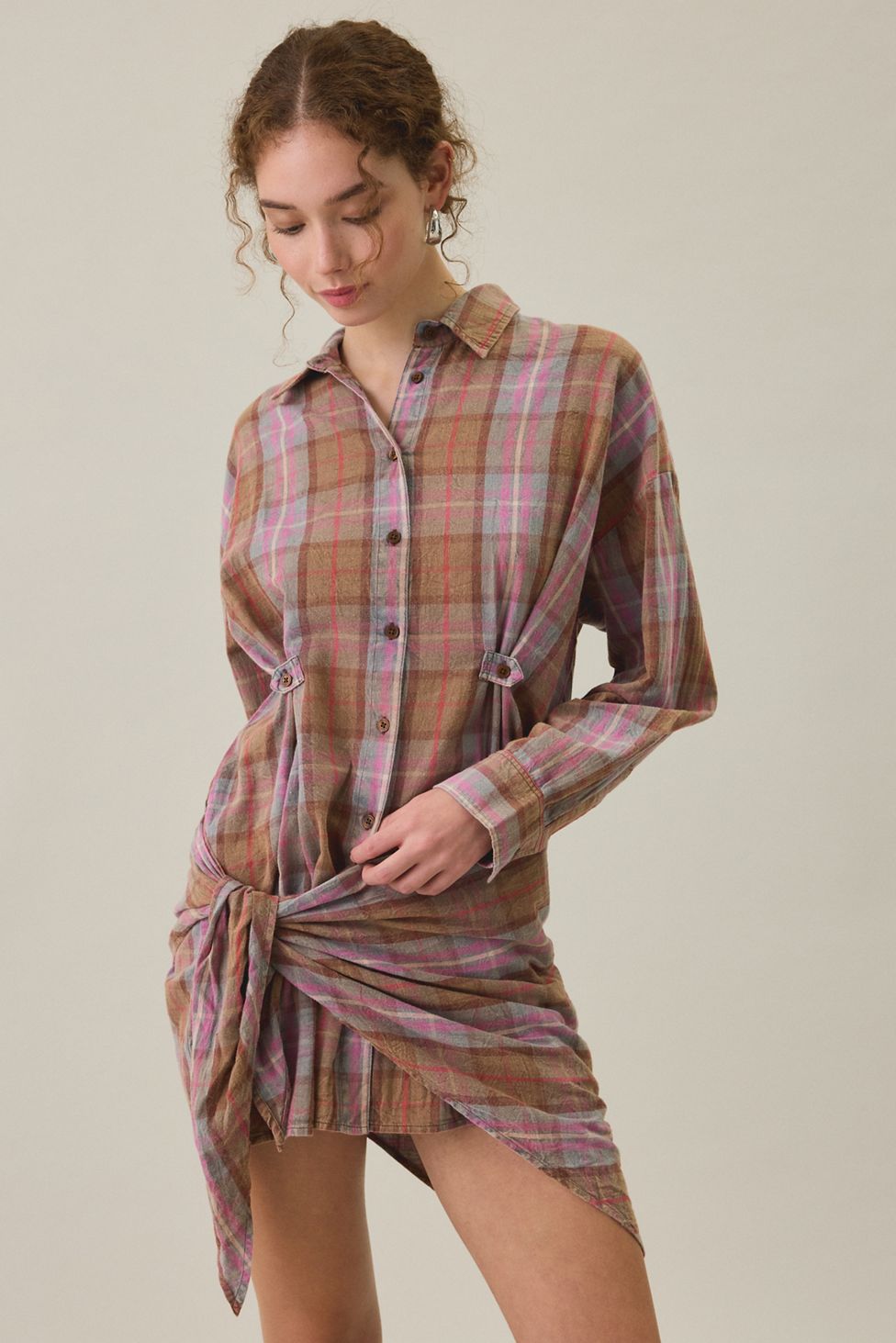 BDG Cordelia Multiway Scarf Tie Plaid Shirt Mini Dress