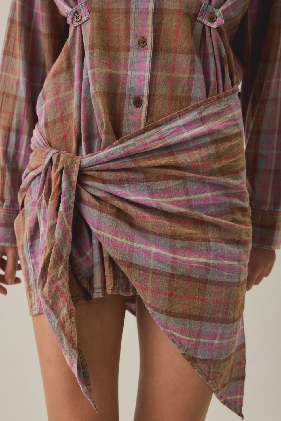 BDG Cordelia Multiway Scarf Tie Plaid Shirt Mini Dress