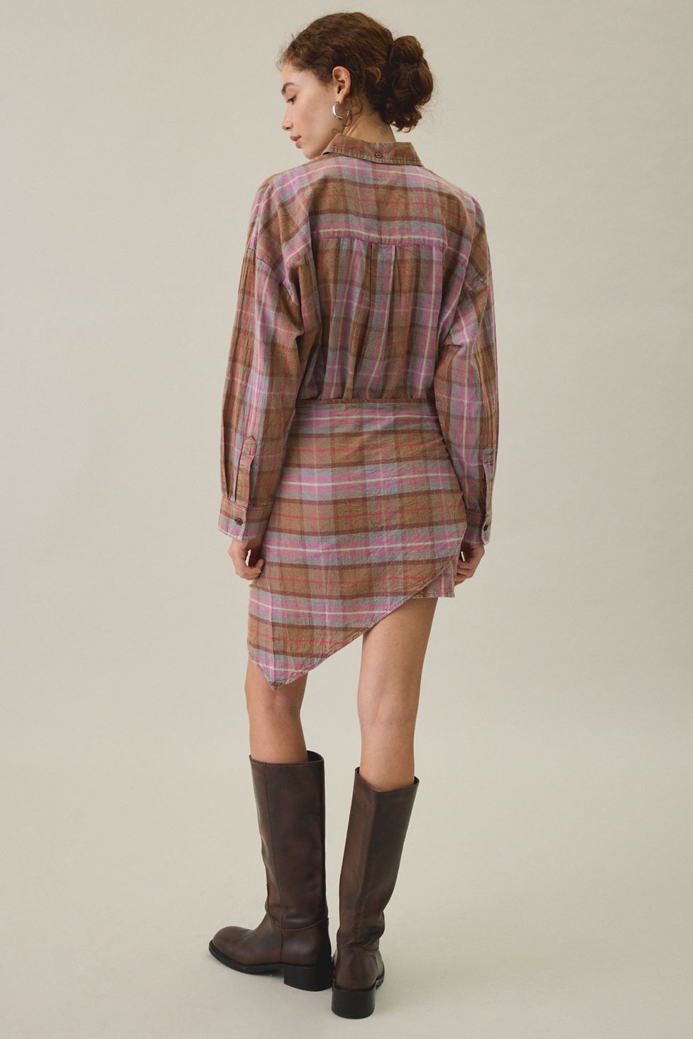 BDG Cordelia Multiway Scarf Tie Plaid Shirt Mini Dress