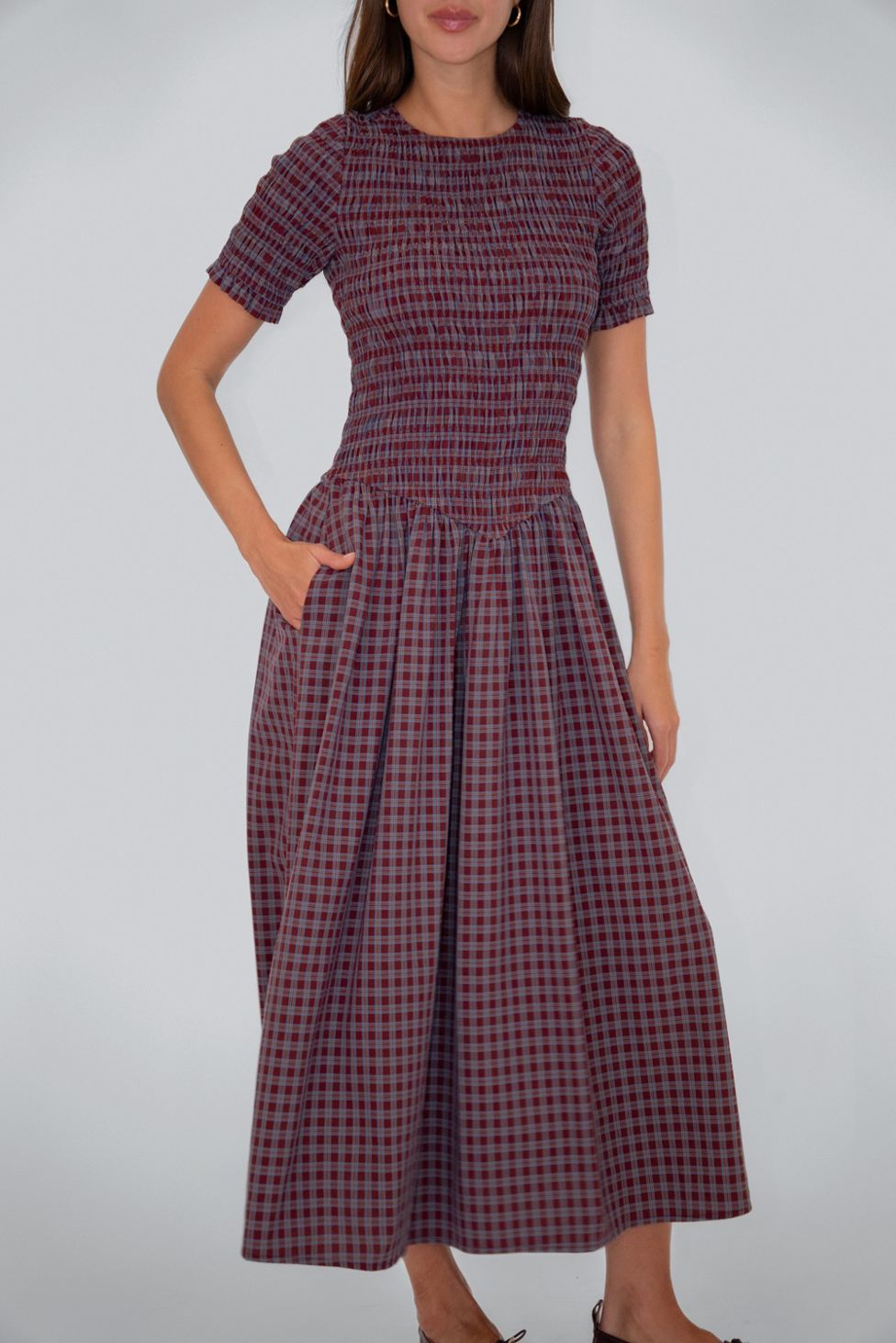 Amy Lynn Beatrix Smocked Plaid Midi Dress