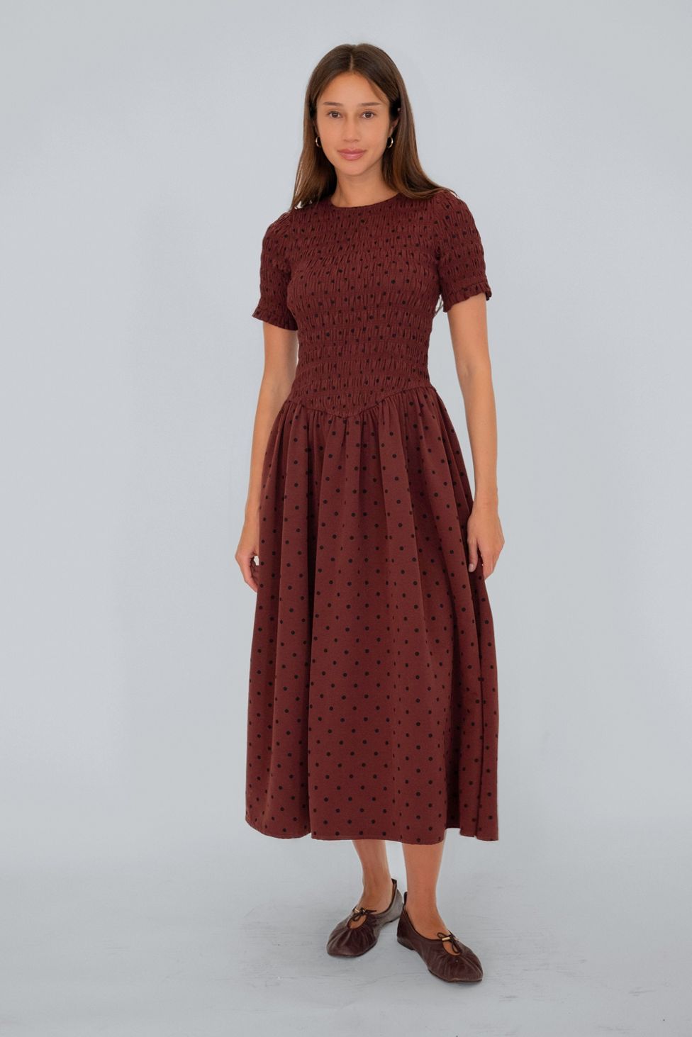 Amy Lynn Beatrix Smocked Plum Polka Dot Midi Dress
