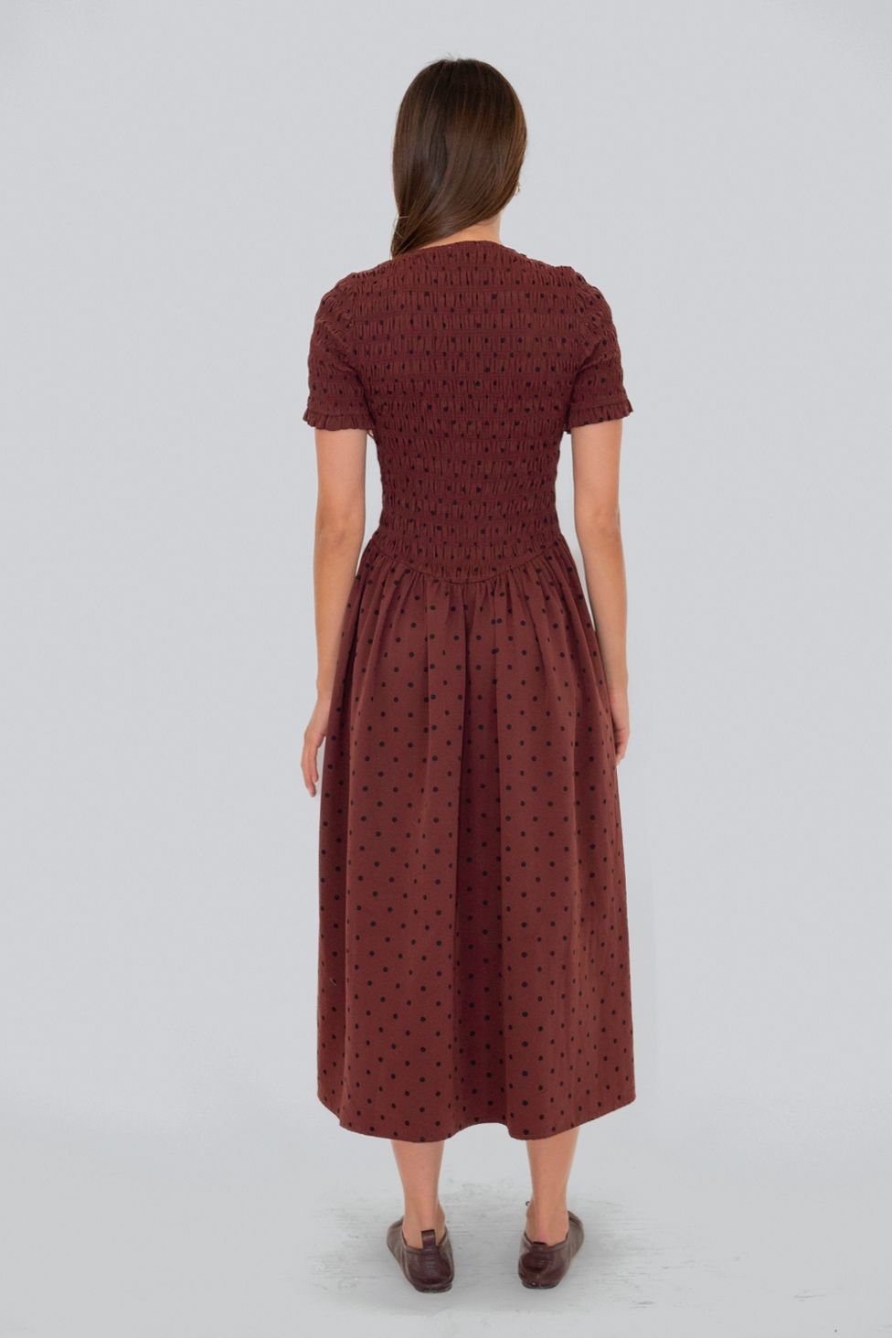 Amy Lynn Beatrix Smocked Plum Polka Dot Midi Dress