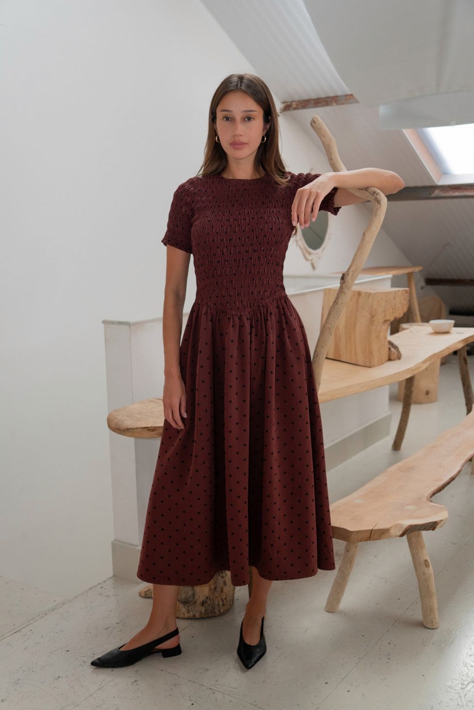 Amy Lynn Beatrix Smocked Plum Polka Dot Midi Dress