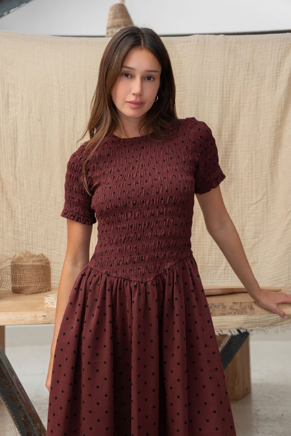 Amy Lynn Beatrix Smocked Plum Polka Dot Midi Dress