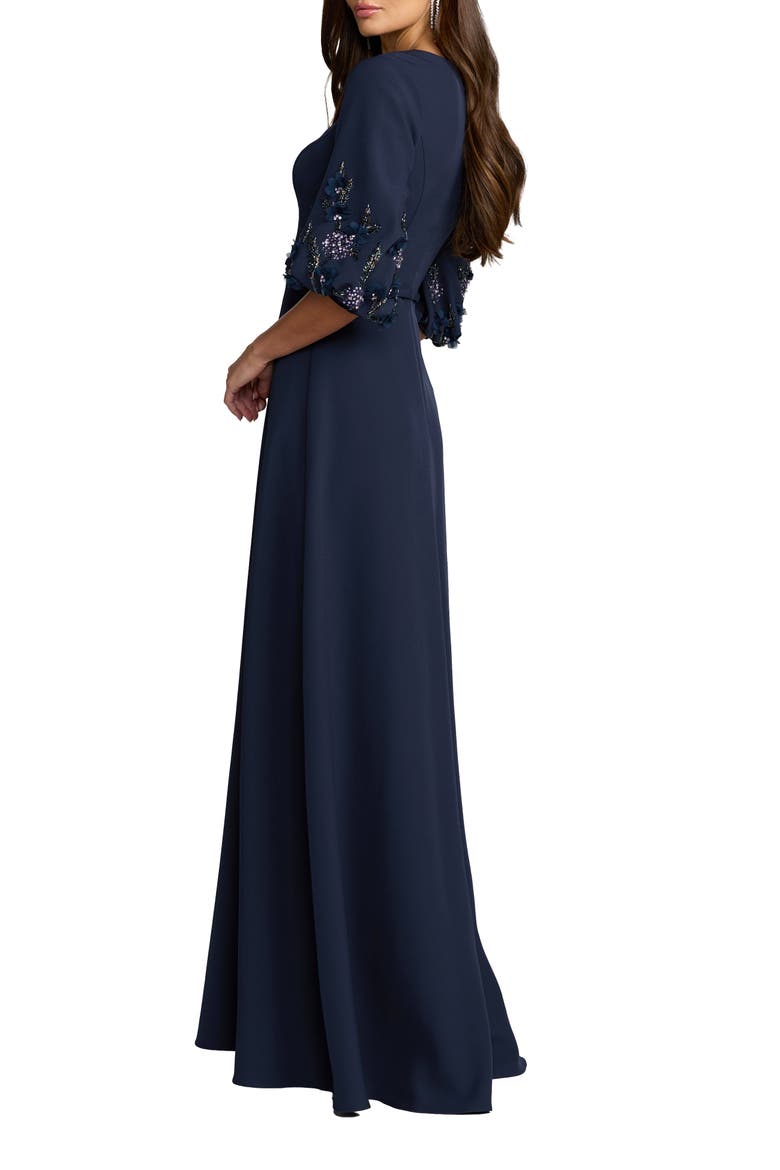 Beaded Crepe Bishop Sleeve A Line Gown