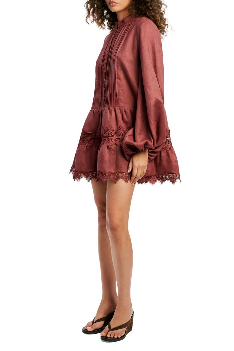 Antonia Lace Trim Long Sleeve Linen Minidress