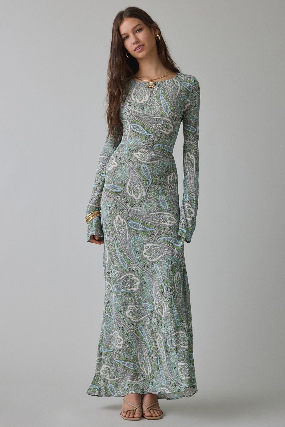 AFRM Jetta Aqua Paisley Mesh Long Sleeve Maxi Dress