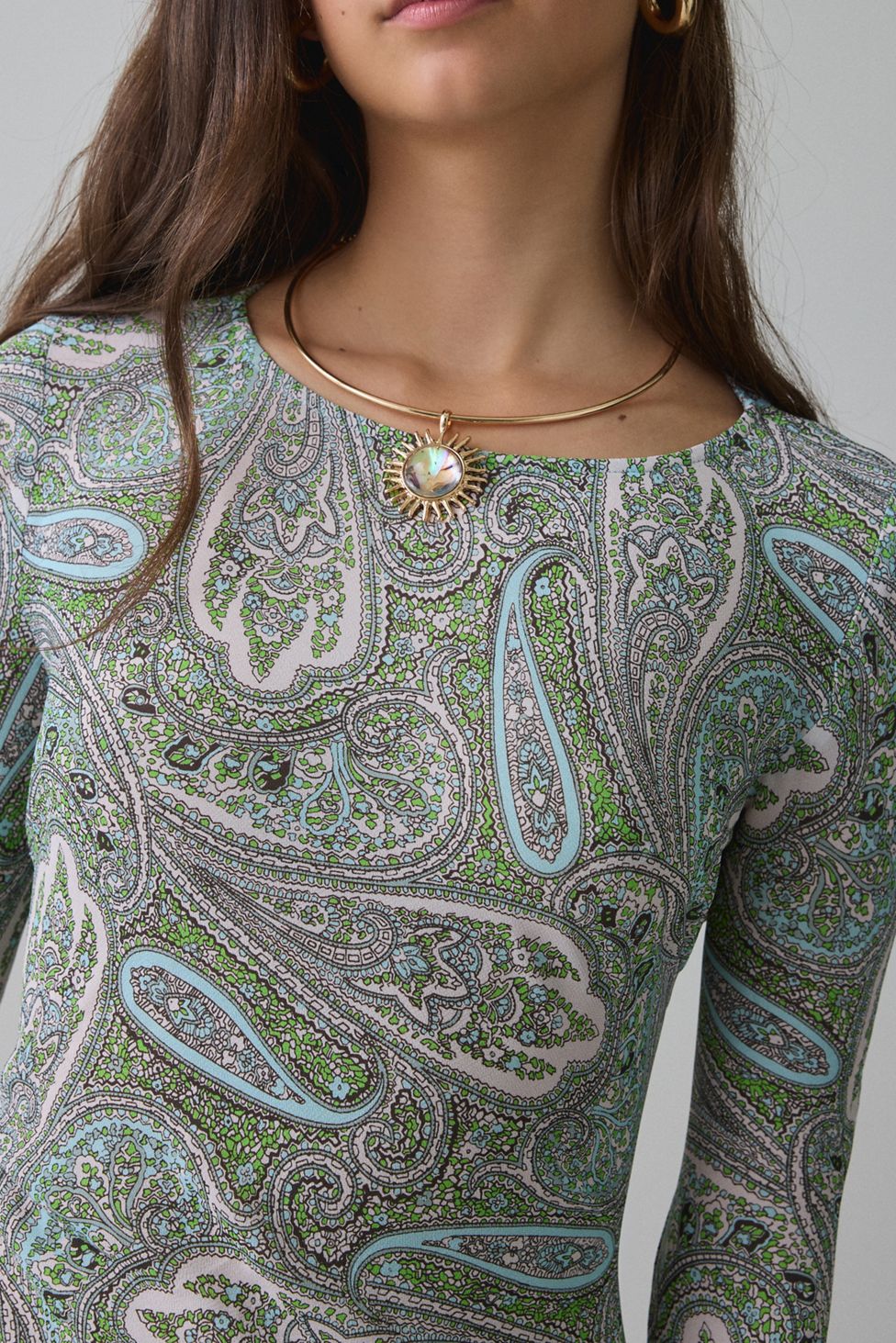 AFRM Jetta Aqua Paisley Mesh Long Sleeve Maxi Dress