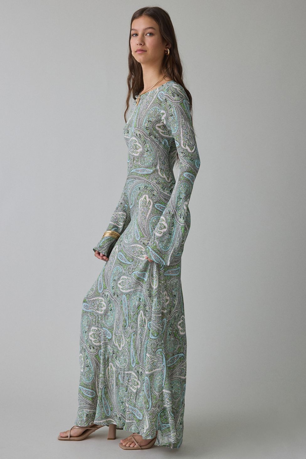 AFRM Jetta Aqua Paisley Mesh Long Sleeve Maxi Dress